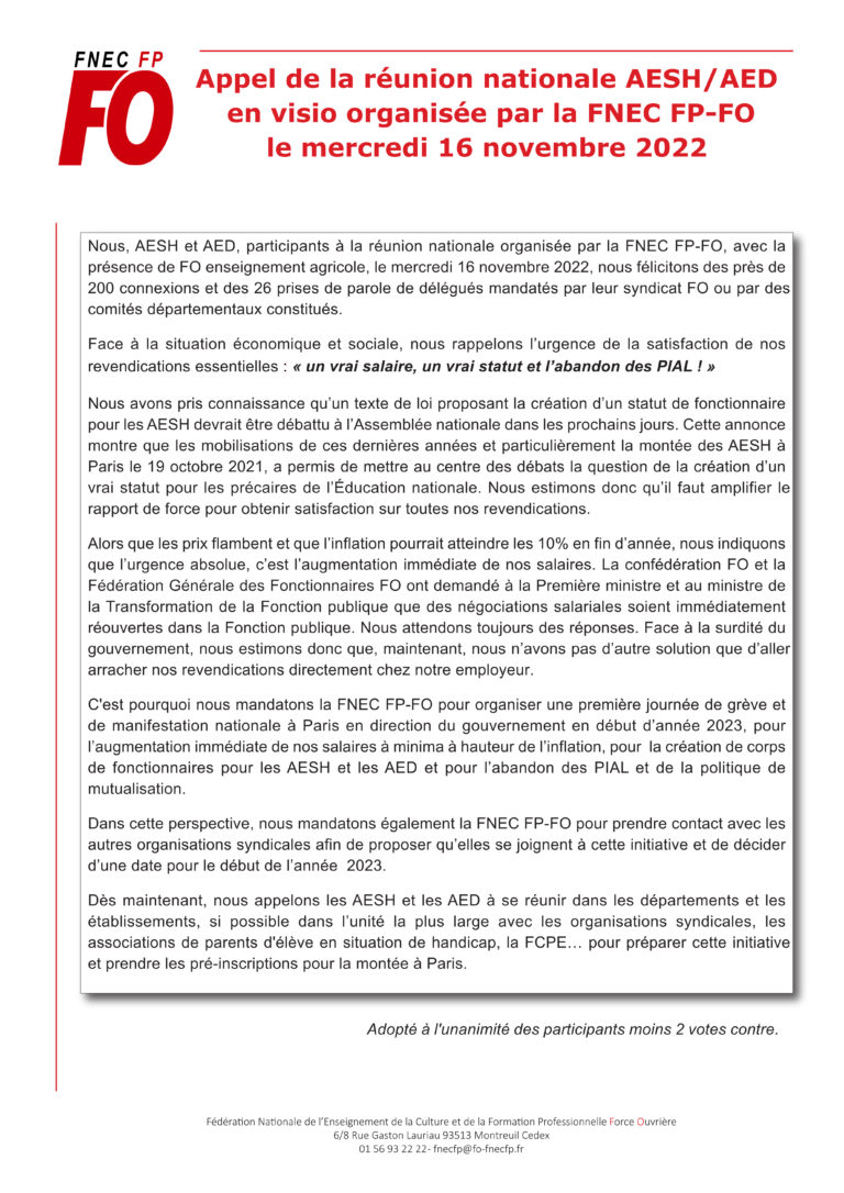 Appel de la réunion nationale AESH/AEDen visio organisée par la FNEC FPFOle mercredi 16 Appel de la réunion nationale AESH/AEDen visio organisée par la FNEC FPFOle mercredi 16